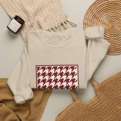 Crewneck Sweatshirt — Burgundy Houndstooth Shield Graphic