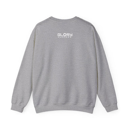 Graphic Suit Tie Crewneck Sweatshirt — 'GLORY HUNTERS' Back Text