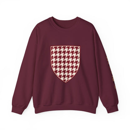 Crewneck Sweatshirt — Burgundy Houndstooth Shield Graphic