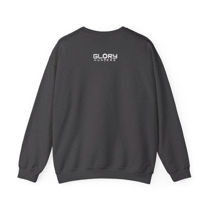 Graphic Suit Tie Crewneck Sweatshirt — 'GLORY HUNTERS' Back Text