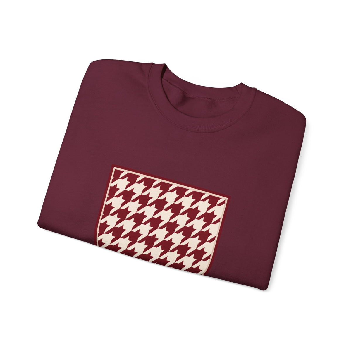 Crewneck Sweatshirt — Burgundy Houndstooth Shield Graphic