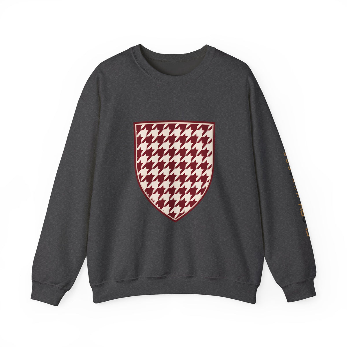 Crewneck Sweatshirt — Burgundy Houndstooth Shield Graphic