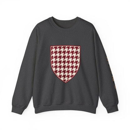 Crewneck Sweatshirt — Burgundy Houndstooth Shield Graphic