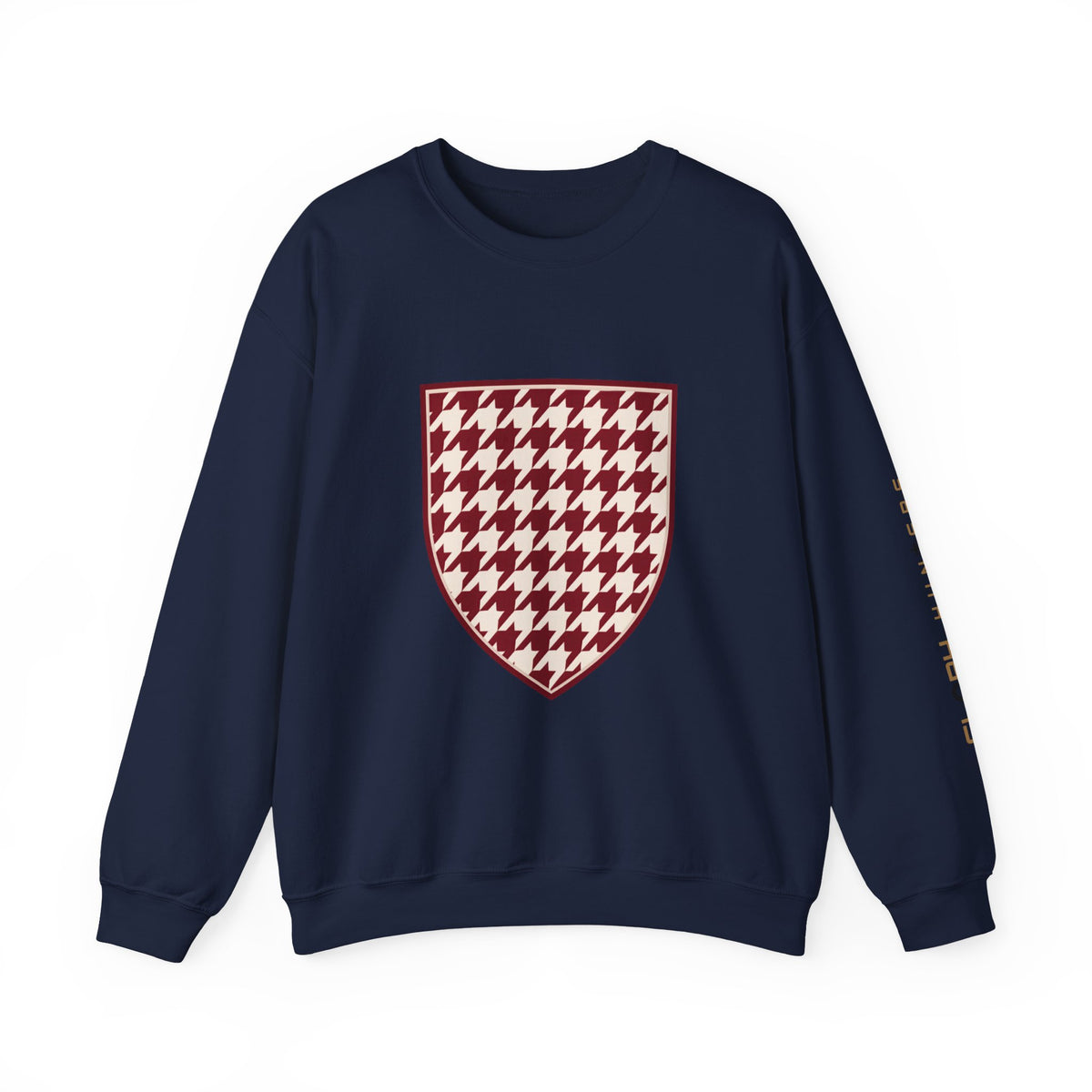 Crewneck Sweatshirt — Burgundy Houndstooth Shield Graphic