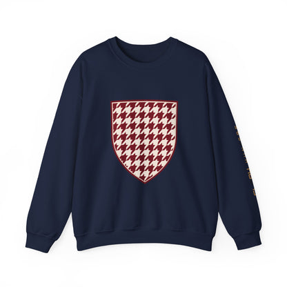 Crewneck Sweatshirt — Burgundy Houndstooth Shield Graphic