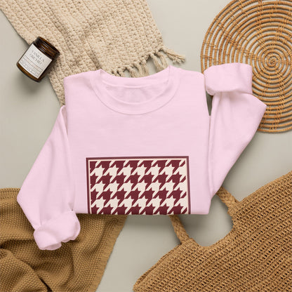 Crewneck Sweatshirt — Burgundy Houndstooth Shield Graphic
