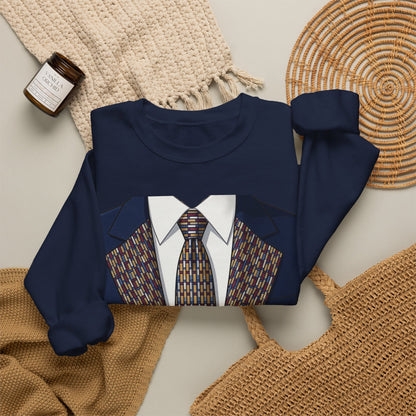 Graphic Suit Tie Crewneck Sweatshirt — 'GLORY HUNTERS' Back Text