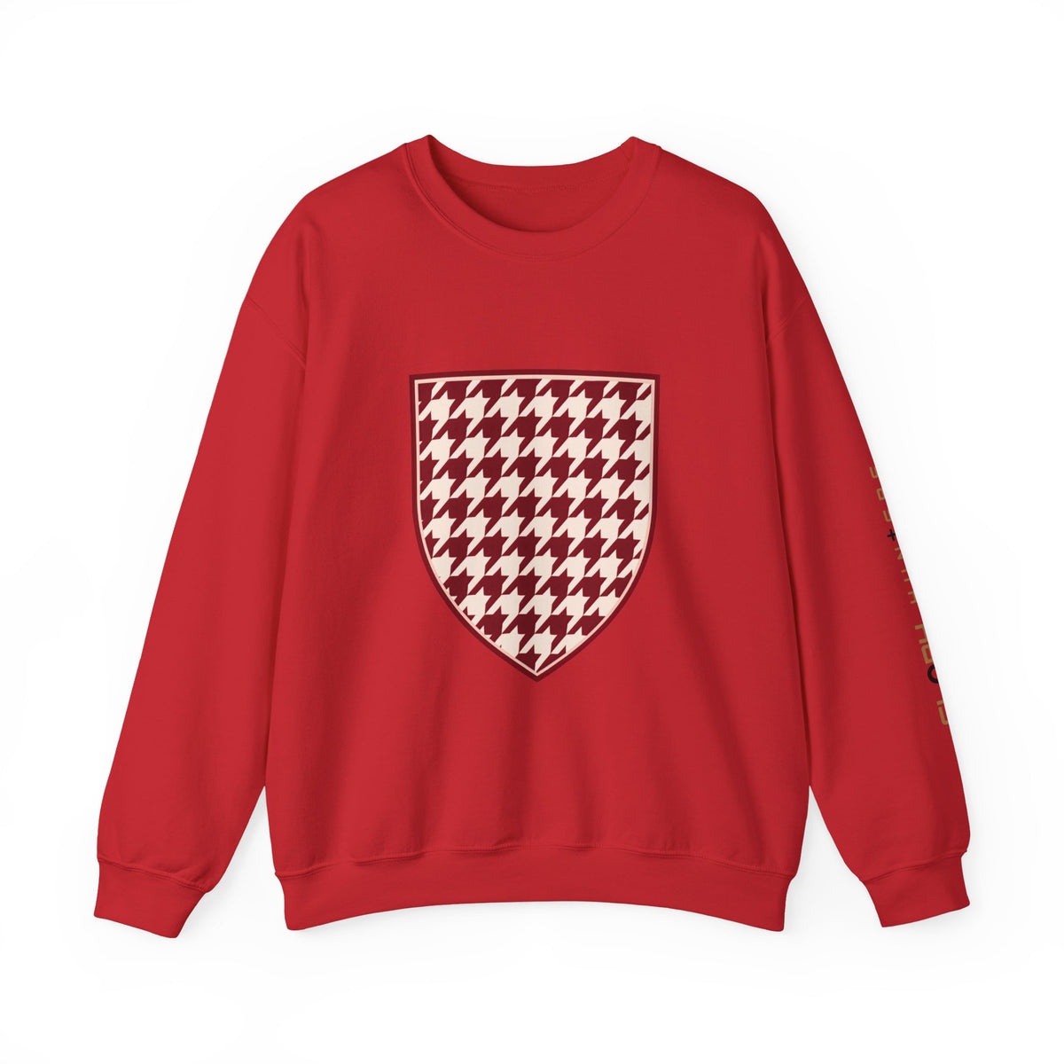 Crewneck Sweatshirt — Burgundy Houndstooth Shield Graphic