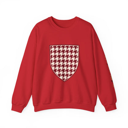 Crewneck Sweatshirt — Burgundy Houndstooth Shield Graphic