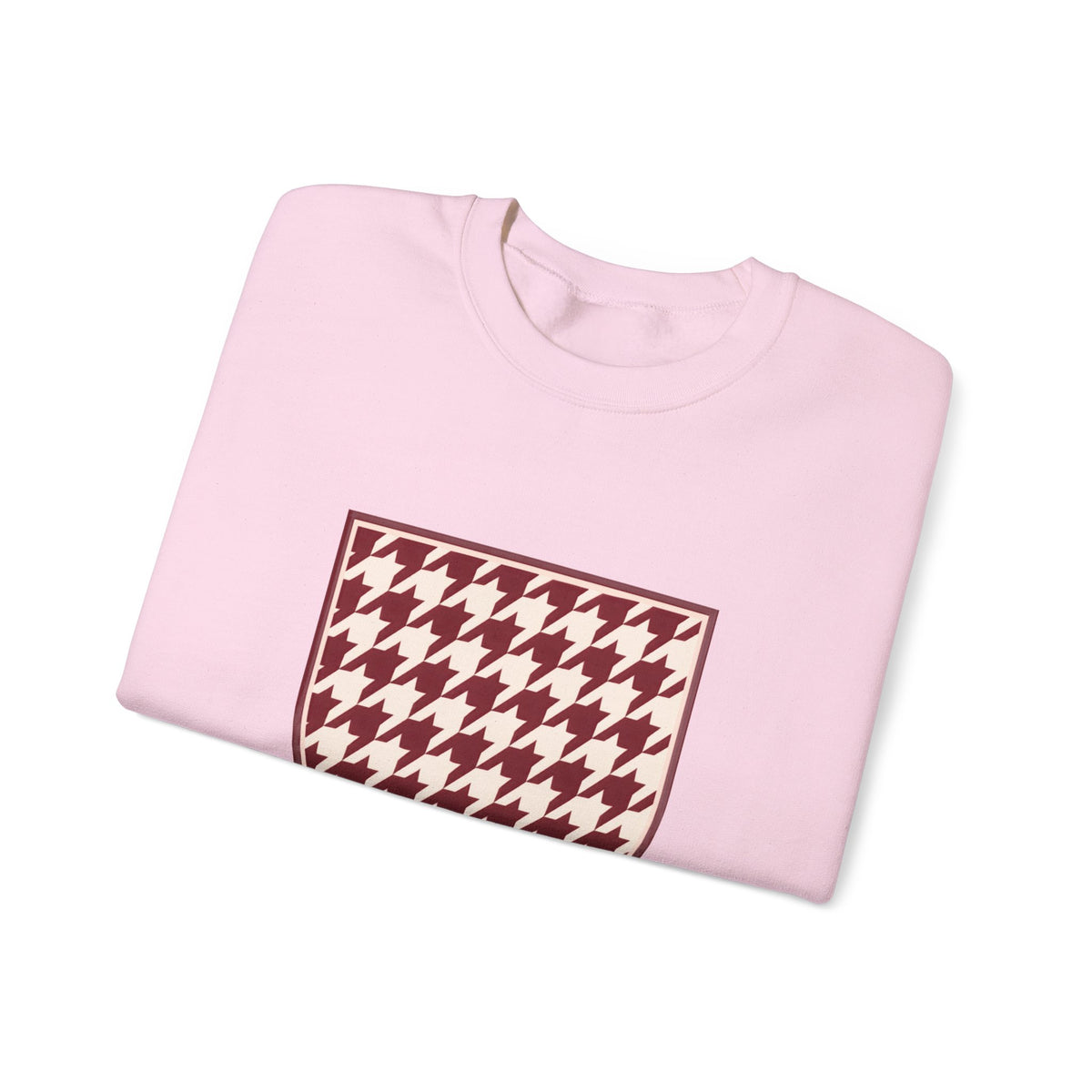 Crewneck Sweatshirt — Burgundy Houndstooth Shield Graphic