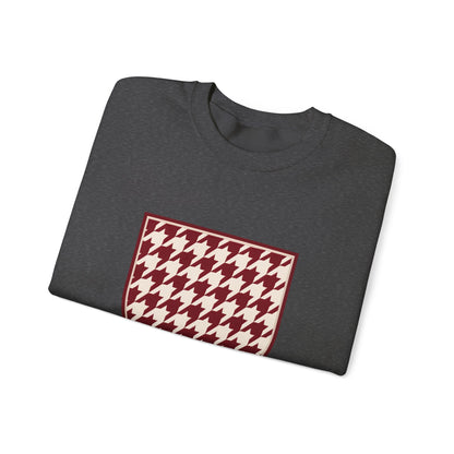Crewneck Sweatshirt — Burgundy Houndstooth Shield Graphic
