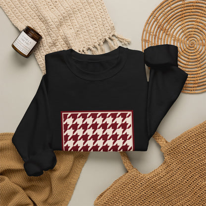 Crewneck Sweatshirt — Burgundy Houndstooth Shield Graphic