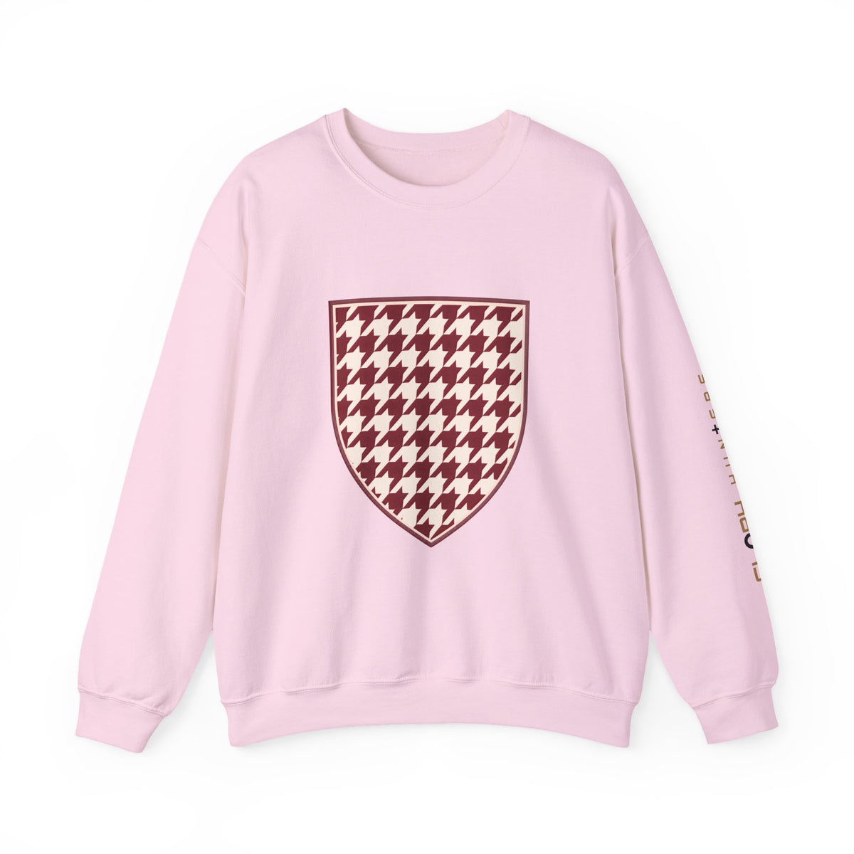 Crewneck Sweatshirt — Burgundy Houndstooth Shield Graphic