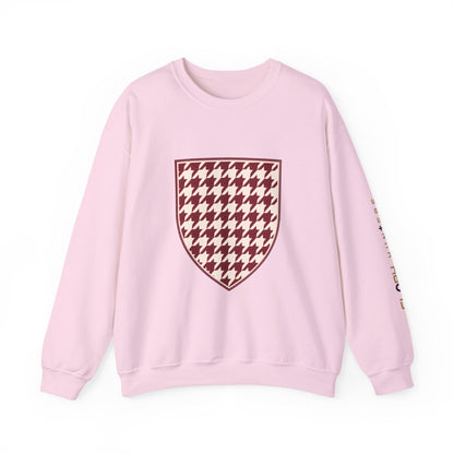 Crewneck Sweatshirt — Burgundy Houndstooth Shield Graphic