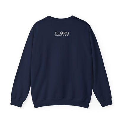 Graphic Suit Tie Crewneck Sweatshirt — 'GLORY HUNTERS' Back Text