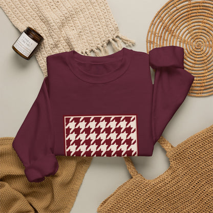 Crewneck Sweatshirt — Burgundy Houndstooth Shield Graphic