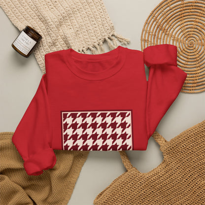 Crewneck Sweatshirt — Burgundy Houndstooth Shield Graphic