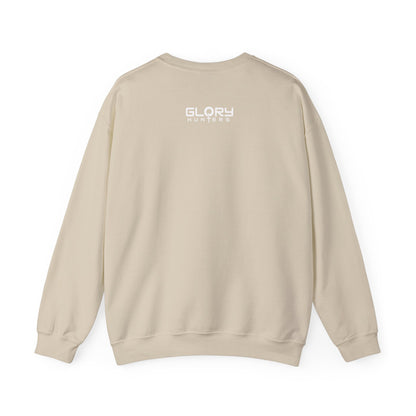 Graphic Suit Tie Crewneck Sweatshirt — 'GLORY HUNTERS' Back Text