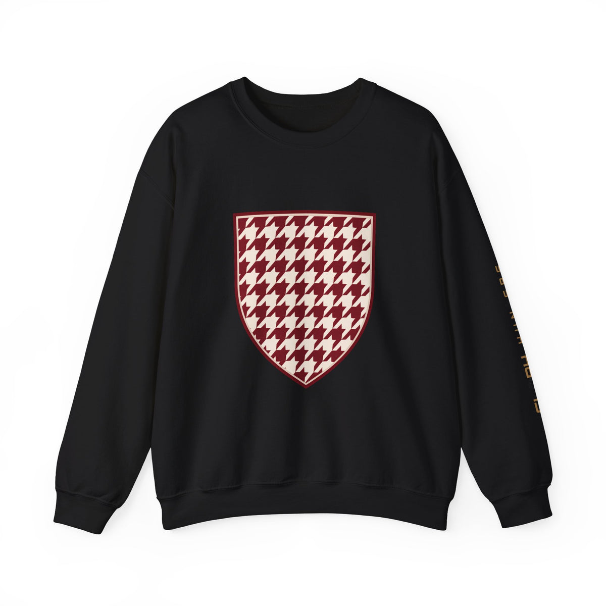 Crewneck Sweatshirt — Burgundy Houndstooth Shield Graphic