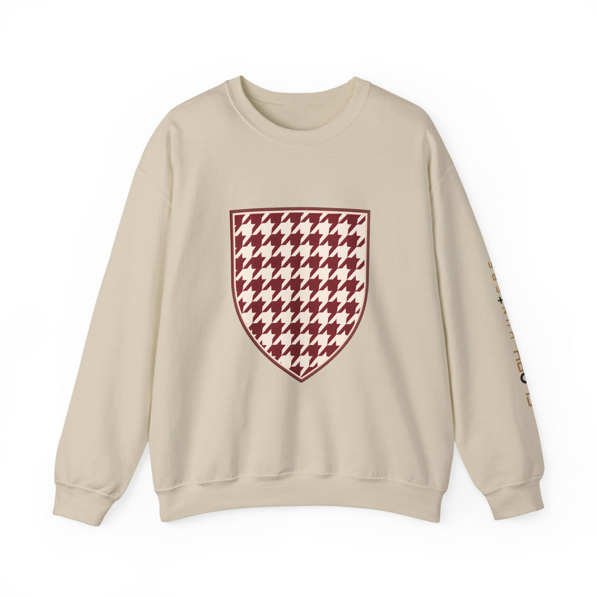 Crewneck Sweatshirt — Burgundy Houndstooth Shield Graphic