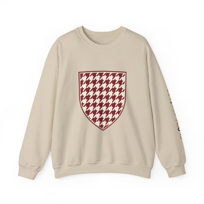 Crewneck Sweatshirt — Burgundy Houndstooth Shield Graphic