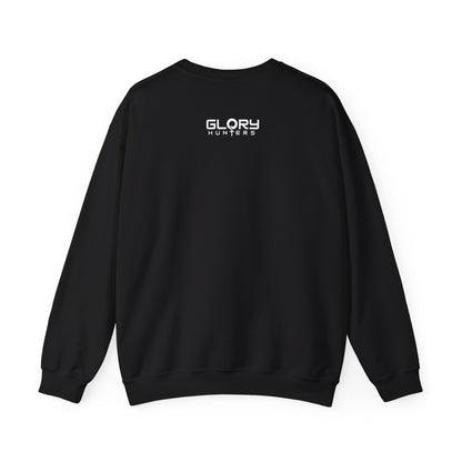 Graphic Suit Tie Crewneck Sweatshirt — 'GLORY HUNTERS' Back Text