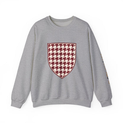 Crewneck Sweatshirt — Burgundy Houndstooth Shield Graphic