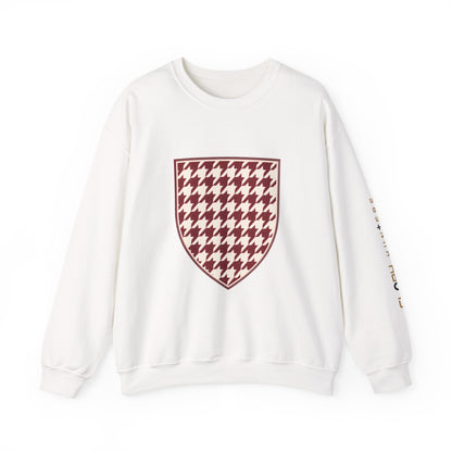 Crewneck Sweatshirt — Burgundy Houndstooth Shield Graphic