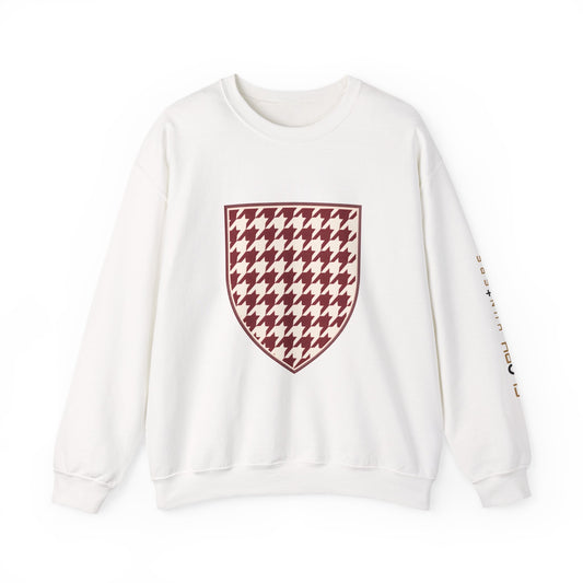 Crewneck Sweatshirt — Burgundy Houndstooth Shield Graphic