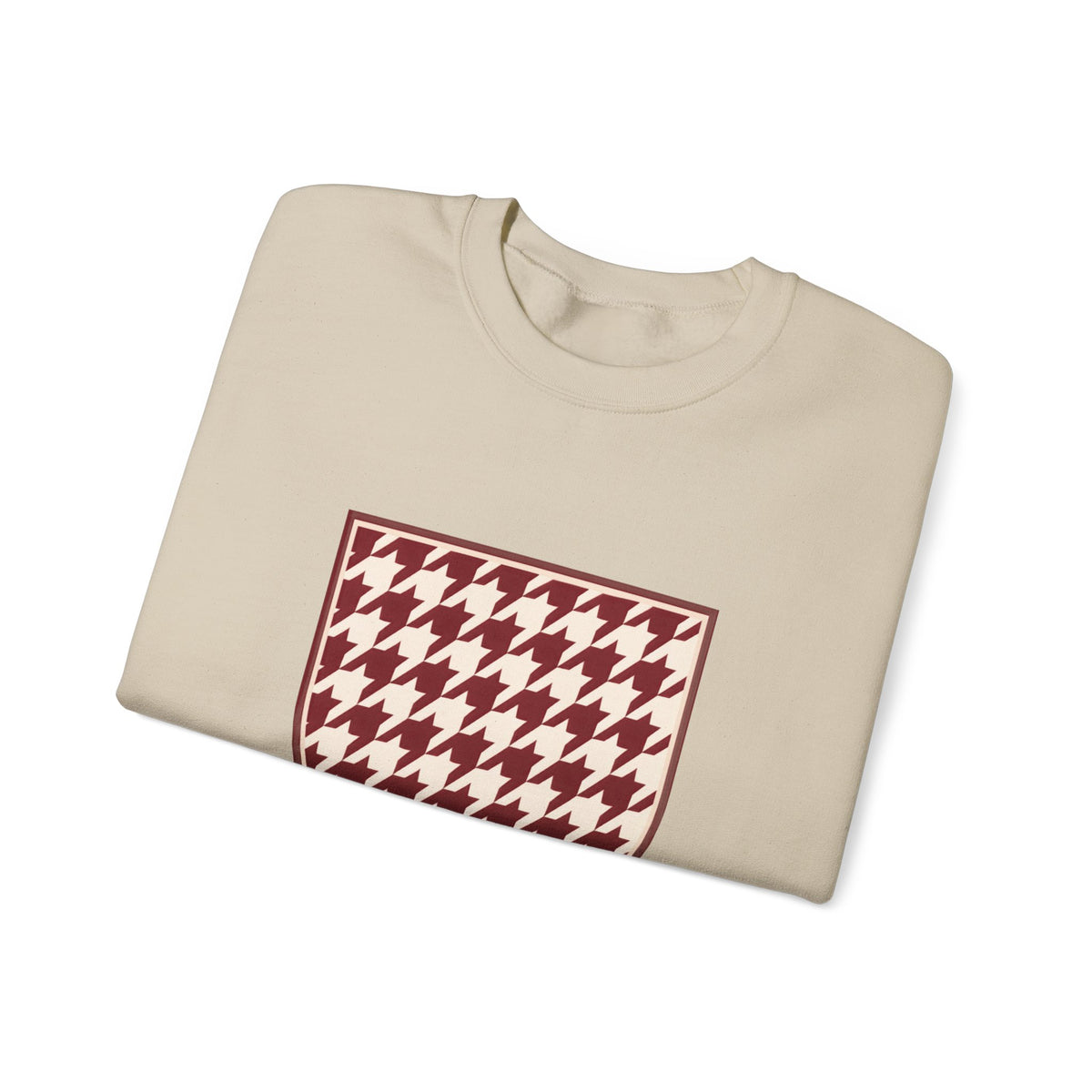 Crewneck Sweatshirt — Burgundy Houndstooth Shield Graphic