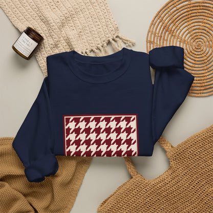 Crewneck Sweatshirt — Burgundy Houndstooth Shield Graphic