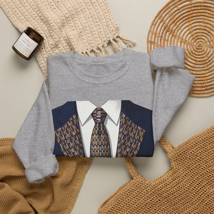 Graphic Suit Tie Crewneck Sweatshirt — 'GLORY HUNTERS' Back Text