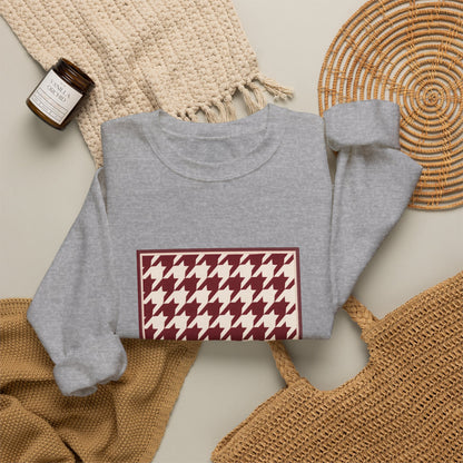 Crewneck Sweatshirt — Burgundy Houndstooth Shield Graphic