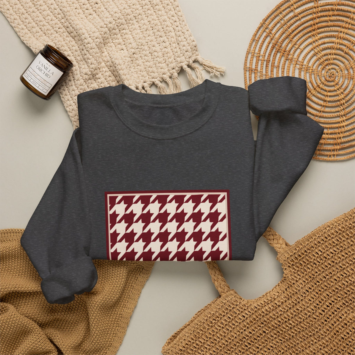 Crewneck Sweatshirt — Burgundy Houndstooth Shield Graphic