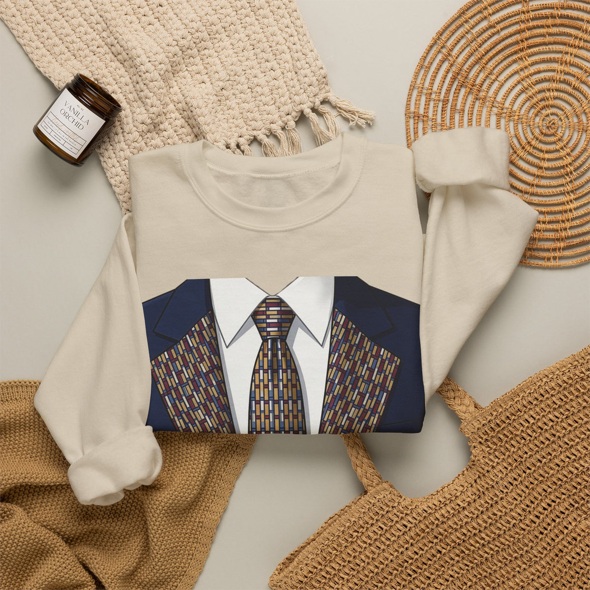 Graphic Suit Tie Crewneck Sweatshirt — 'GLORY HUNTERS' Back Text