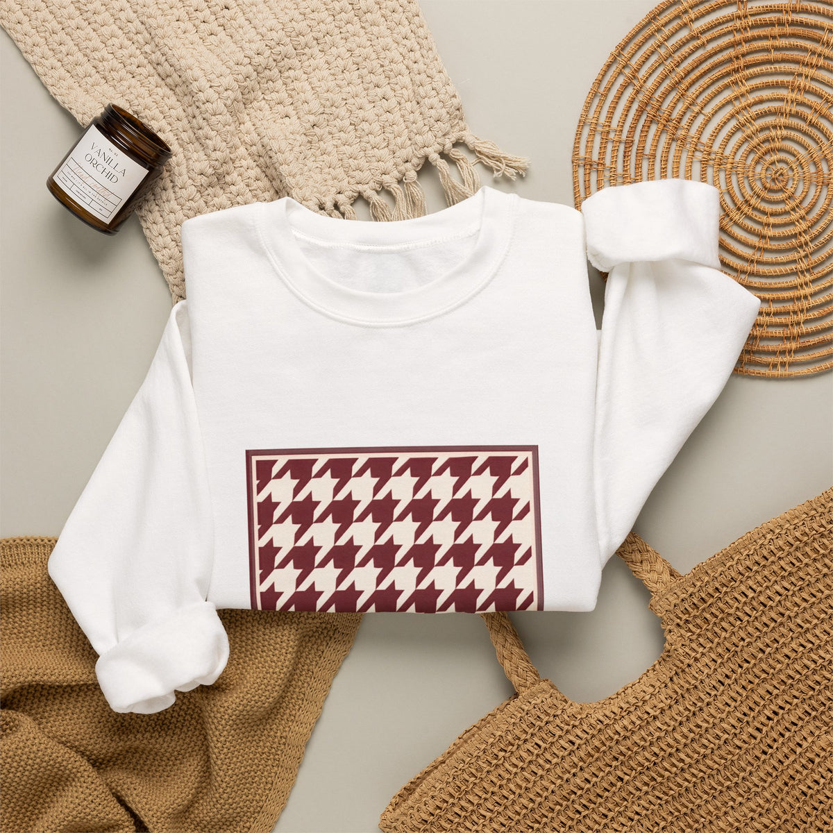 Crewneck Sweatshirt — Burgundy Houndstooth Shield Graphic