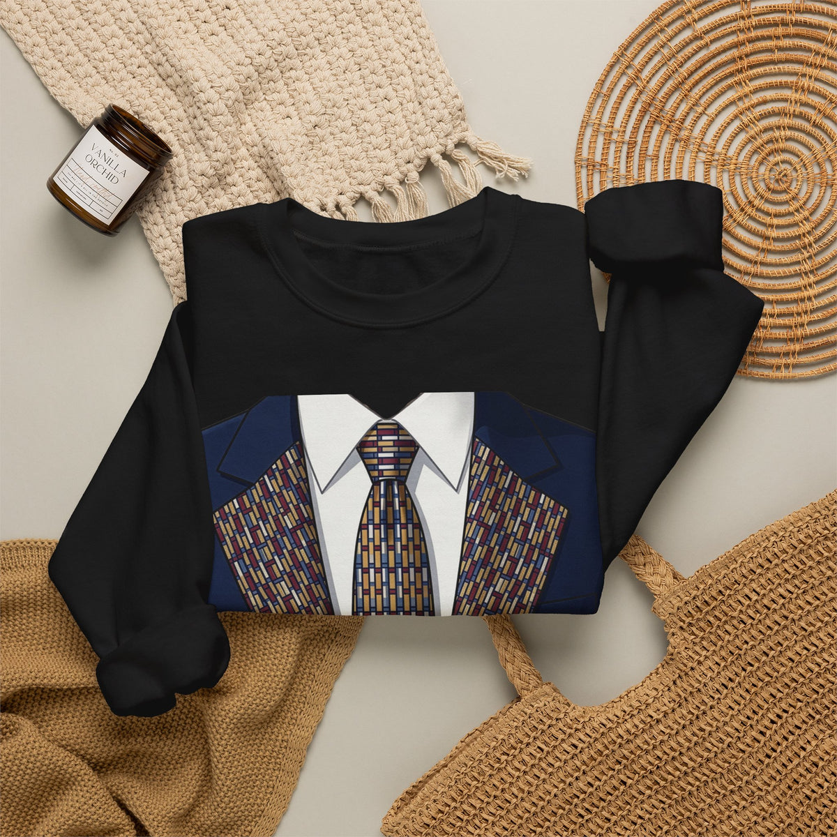 Graphic Suit Tie Crewneck Sweatshirt — 'GLORY HUNTERS' Back Text