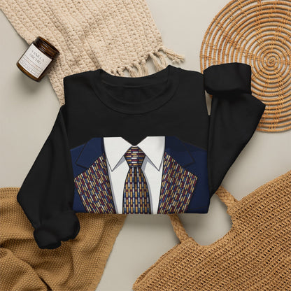 Graphic Suit Tie Crewneck Sweatshirt — 'GLORY HUNTERS' Back Text